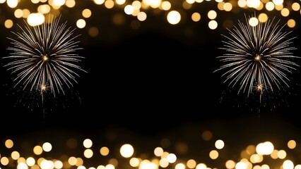 Golden fireworks and bokeh lights frame on black background
