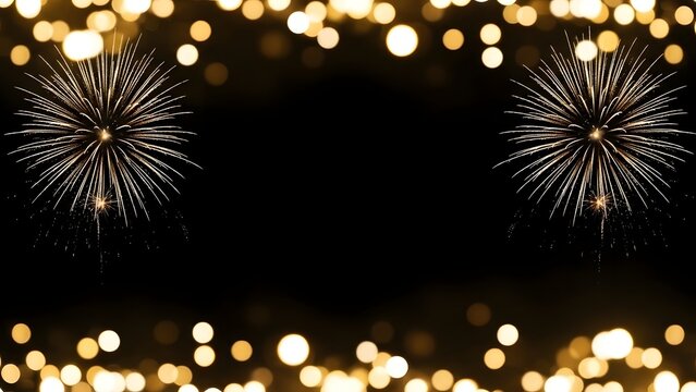 Golden fireworks and bokeh lights frame on black background - Powered by Adobe