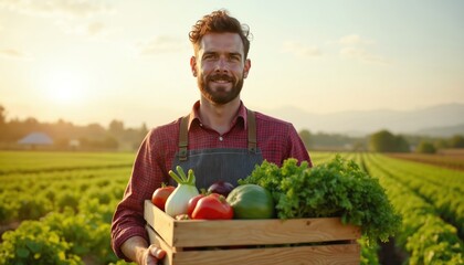 Smiling farmer holds a wooden crate with fresh organic vegetables at the field. Man with beard looks at camera. Farming harvest concept. Healthy eco food concept.