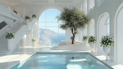 Elegant white floral arrangement in a bright architectural interior setting