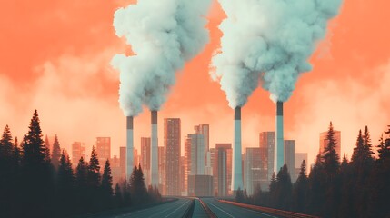 Obraz premium A cityscape featuring industrial smokestacks emitting pollution against a vibrant orange sky, surrounded by a forest and a road leading towards the urban area.