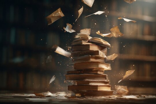 Stack of Vintage Books with Flying Pages in Magical Library Atmosphere