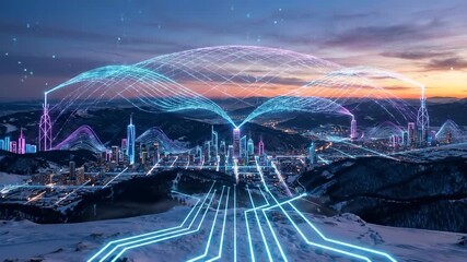 Digital network forming over futuristic snowy cityscape. Glowing blue connections linking skyscrapers at sunset. Quantum and cloud network visualization for ai managed iot urban infrastructure. video - Powered by Adobe