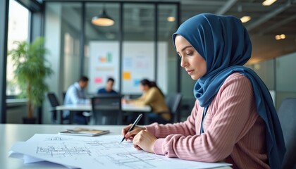 Muslim businesswoman works on blueprints in a modern office. She wears a blue hijab, focused on her project. Colleagues are visible in the background.