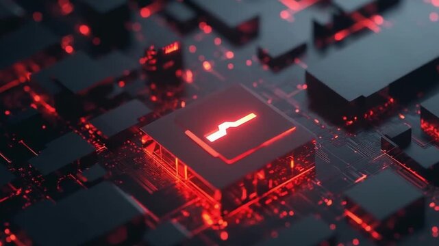 High tech computer chip with glowing red light and interconnected circuits