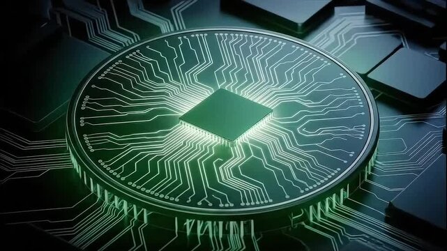 Digital Currency Circuit: An immersive view of a digital currency token intricately woven into an electronic circuit board, reflecting the complex architecture of finance and technology.