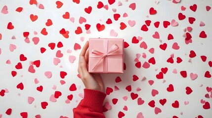 top-down Valentine’s arrangement, young woman’s hand holding a stylish pink gift box