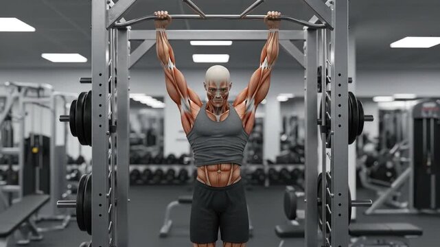 Athlete performing pull up exercise inside gymnasium with strength equipment