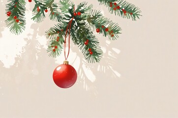 Minimal Christmas still life with evergreen branch and red ornament  