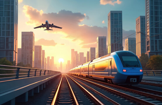 Modern blue train speeds on tracks past city skyscrapers at sunset. Airplane flies overhead, indicating air travel. Urban transport infrastructure connects cities. - Powered by Adobe