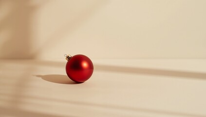 Minimal Christmas still life with red ornament on neutral background  