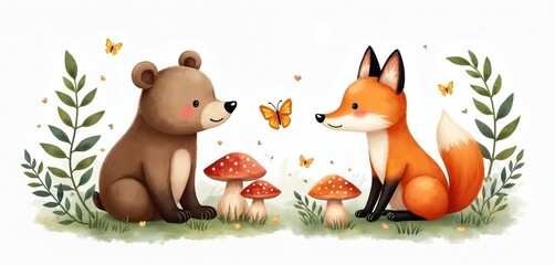 Watercolor illustration with bear fox mushrooms and butterflies. Forest animals depicted in a cute baby style. Baby shower card design children illustration for nursery.
