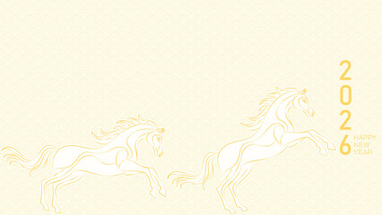 Minimalist Line Art Horse Illustration with Gold Outline and Cream Wave Pattern Background for Lunar New Year 2026 Celebration Banner and Festive Holiday Greeting Design