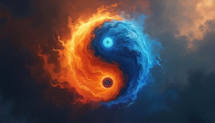 Fiery orange and cool blue energies swirl in dynamic yin yang shape. This abstract symbol represents balance, contrast, and cosmic forces. Perfect for themes of duality, harmony, and duality concepts.