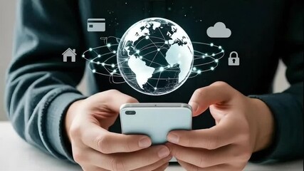 Digital World in Hand: A person holds a smartphone, symbolizing global connection and technological integration, digital landscape unfolds with cloud, security and more - Powered by Adobe