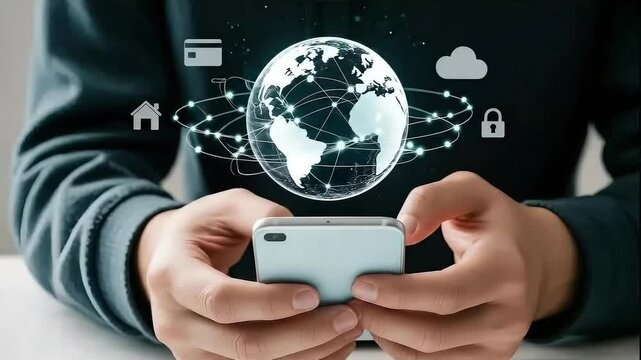 Digital World in Hand: A person holds a smartphone, symbolizing global connection and technological integration, digital landscape unfolds with cloud, security and more - Powered by Adobe