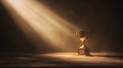 elite. A champion trophy shines under dramatic lighting, symbolizing achievement and pride. event key visuals, club posters, designed for sports event promotions and stadium branding.