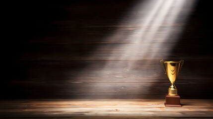 elite. A champion trophy shines under dramatic lighting, symbolizing achievement and pride. event key visuals, club posters, designed for sports event promotions and stadium branding.