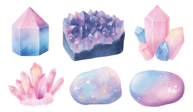 Colorful Fantasy Crystals in Watercolor Style on Transparent Background for Illustrations