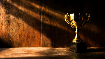 elite. A champion trophy shines under dramatic lighting, symbolizing achievement and pride. event key visuals, club posters, designed for sports event promotions and stadium branding.