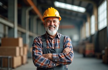 Smiling senior factory worker with crossed arms wears yellow hard hat. Experienced man in overalls stands proudly inside industrial warehouse, representing skilled labor and manufacturing.