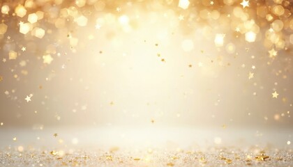 Golden festive background with shimmering bokeh lights, falling stars creates magical atmosphere. Bright luxury template for holiday greetings, party invitations, special celebration events. Shiny