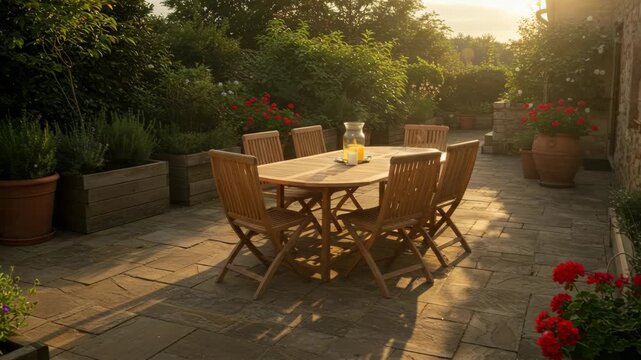 A tranquil outdoor patio scene featuring a wooden dining set surrounded by lush plants and blooming flowers during sunset, ideal for relaxation and outdoor gatherings.