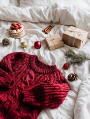 Warm red sweater, holiday gifts, and festive decorations create a cozy Christmas scene with pinecones and cake on white bedding.