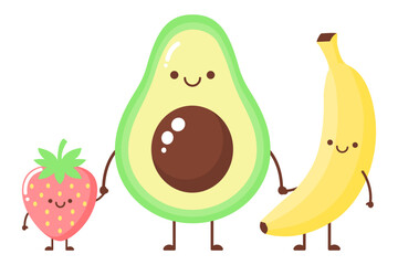 Cute cartoon fruit characters holding hands, strawberry, avocado, and banana