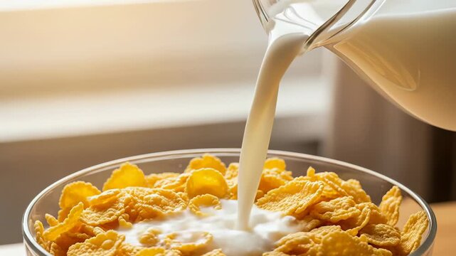 Milk pouring over cornflakes in a glass bowl for a morning breakfast