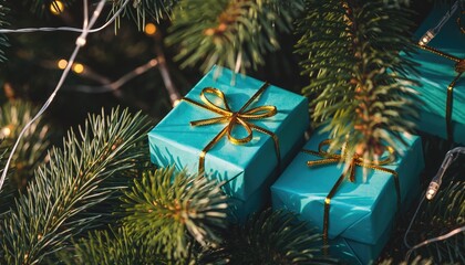 Christmas presents wrapped in blue paper with golden ribbons.