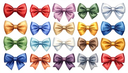 Collection of Colorful Silk Bows on White Background.