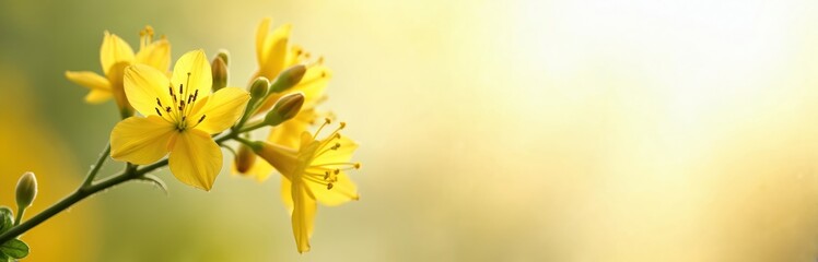 Obraz premium Close up photo of yellow flowers in bloom. Delicate blossoms in the garden grow on a blurred background. Nature scene with bright, sunny, vibrant plants.