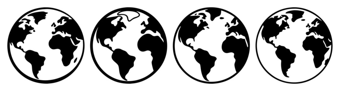 Four stylized world maps in black and white with oval shapes and varying perspectives presented side by side