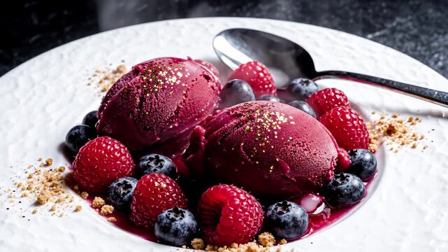 Elegant berry sorbet dessert with fresh raspberries, blueberries, gold flakes, and crumble on a white plate