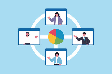 Online business meeting with pie chart and four participants