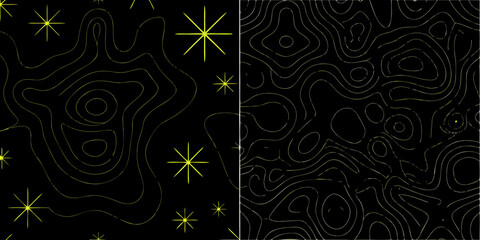 Abstract topographic map and star pattern in yellow on black background © Apurba