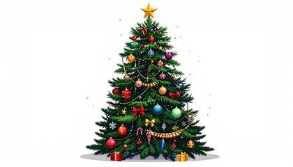 Festive Christmas Tree Adorned with Ornaments and Star on White Background.