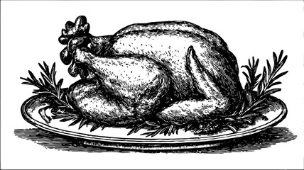Roast chicken or turkey on a platter with herbs in vintage black and white style. Detailed handdrawn vector illustration of food.