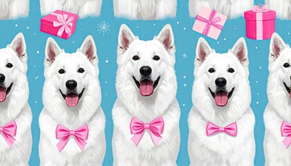 Adorable White Dogs with Pink Bowties and Gifts.