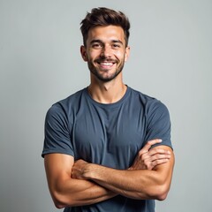 Obraz premium Man smiles in studio with crossed arms. Guy wears a dark blue shirt and looks happy. Confident man shows good mood and smiles at camera against gray backdrop.