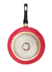 Bottom of a red frying pan on a white background.