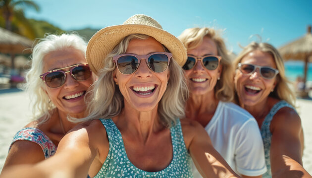 Four smiling senior women take selfie on a sunny beach. Friends on vacation enjoying summer fun and retirement. Happy elderly females smiling and laughing at seaside. - Powered by Adobe