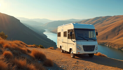 Motorhome parked in highlands with lake view. Travel trailer stands on hillside in scenic valley. RV is ready for adventure. Mobile house located near mountains, river perfect for holiday trip.