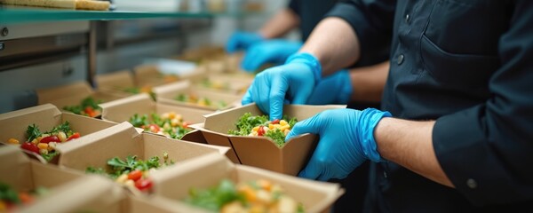 Worker wears blue gloves packing salad meals into cardboard containers. Food service prepares orders for delivery, fresh ingredients assembled carefully for customers. Busy kitchen fulfills take out