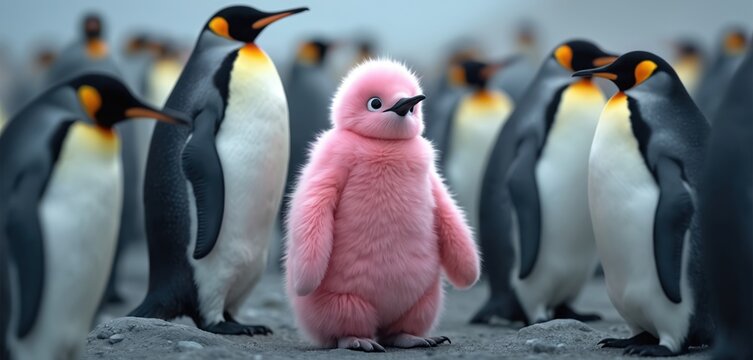 Pink penguin stands out in flock of grey penguins. Odd one fluffy. Symbolize uniqueness idea, different from others. Leadership metaphor in business, marketing. Success concept of individual approach.