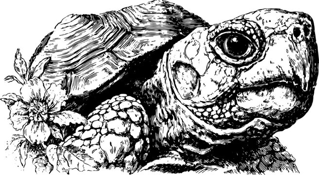 Turtle illustration in black and white sketch style. A detailed vector illustration showcasing wildlife with surrounding leaves.