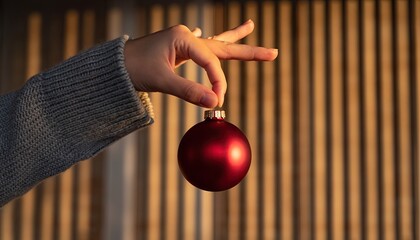Hand holding a red Christmas ornament against a wooden background.