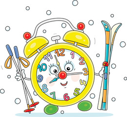 Cartoony alarm clock character with a pair of skis and poles before a winter ski trip, vector cartoon illustration on a white background