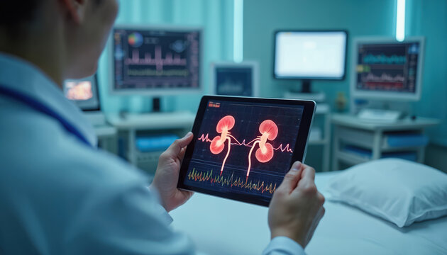 Doctor uses tablet for kidney health assessment in hospital room. Device shows internal organ data analysis. Medical tech provides patient care monitoring. Health monitoring involves real-time